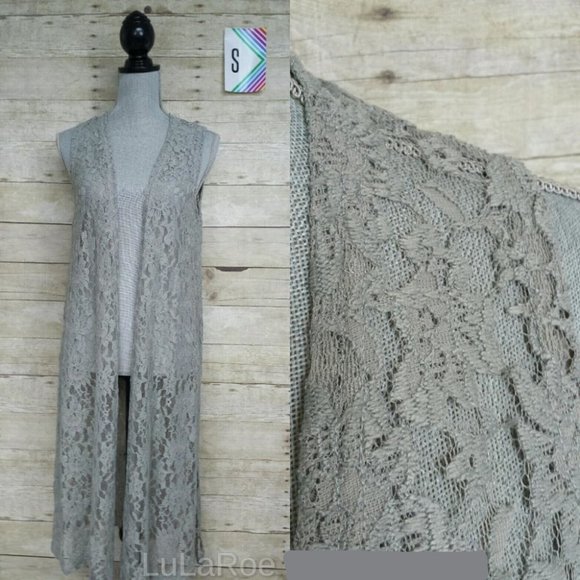 LuLaRoe Lace Joy - Pale Gray-Green Lace Longline Vest Layering Vest NWT - Picture 1 of 1